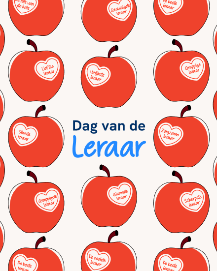 Patroon van rode appels met stickers als Liefste leraar, Zorgzame leraar en Geduldigste leraar rond de tekst Dag van de Leraar